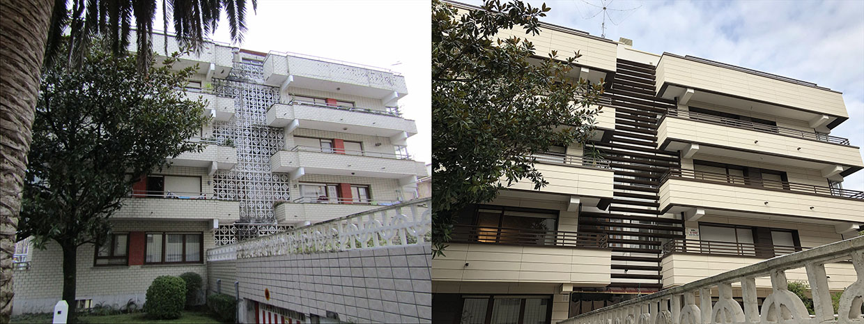 Vista frontal del antes y después de edificio AIBOA 53
