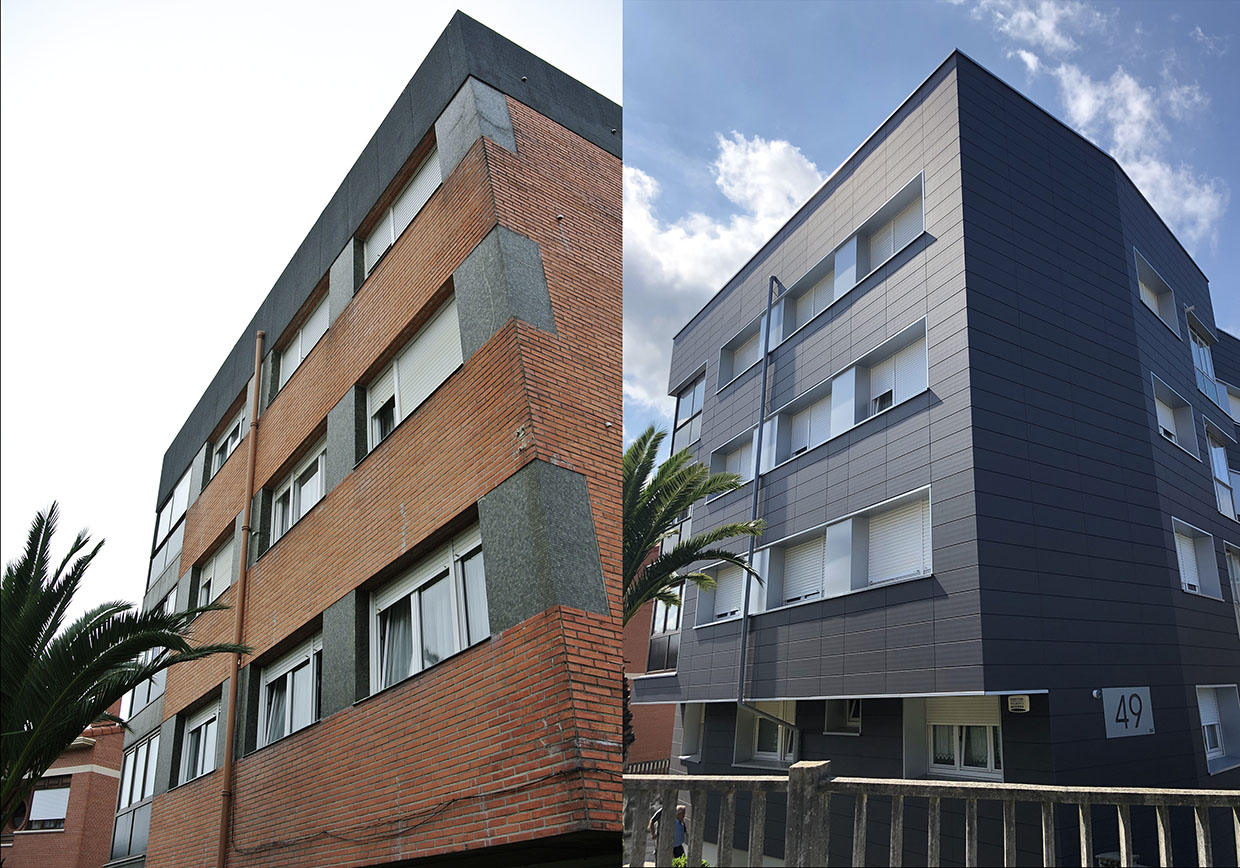 Vista lateral del antes y después de edificio AKILINO ARRIOLA