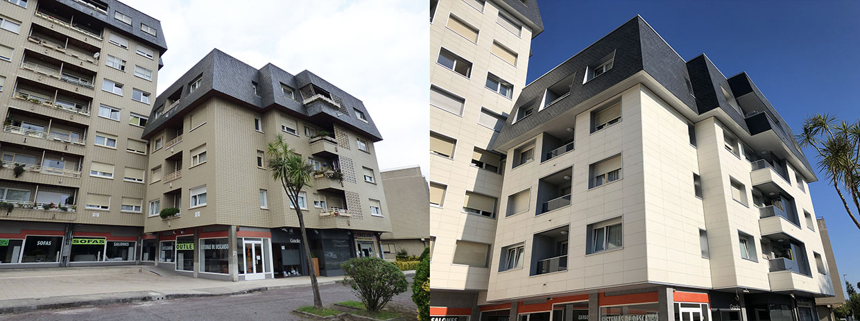 Vista frontal de antes y después de edificio ARENEAZPI