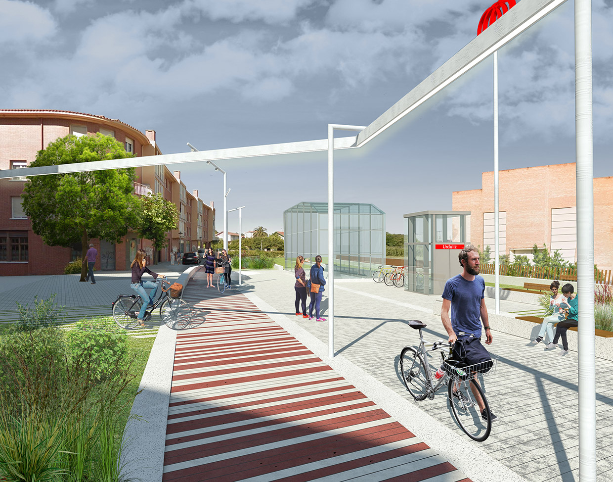 Dibujo en 3D de la urbanización de la plaza de la zona del metro de Urduliz